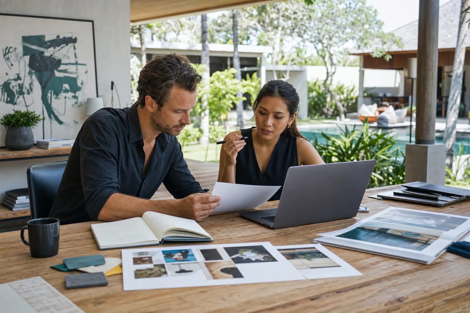 Foreign business founder and Indonesian creative strategist reviewing a project brief in Bali