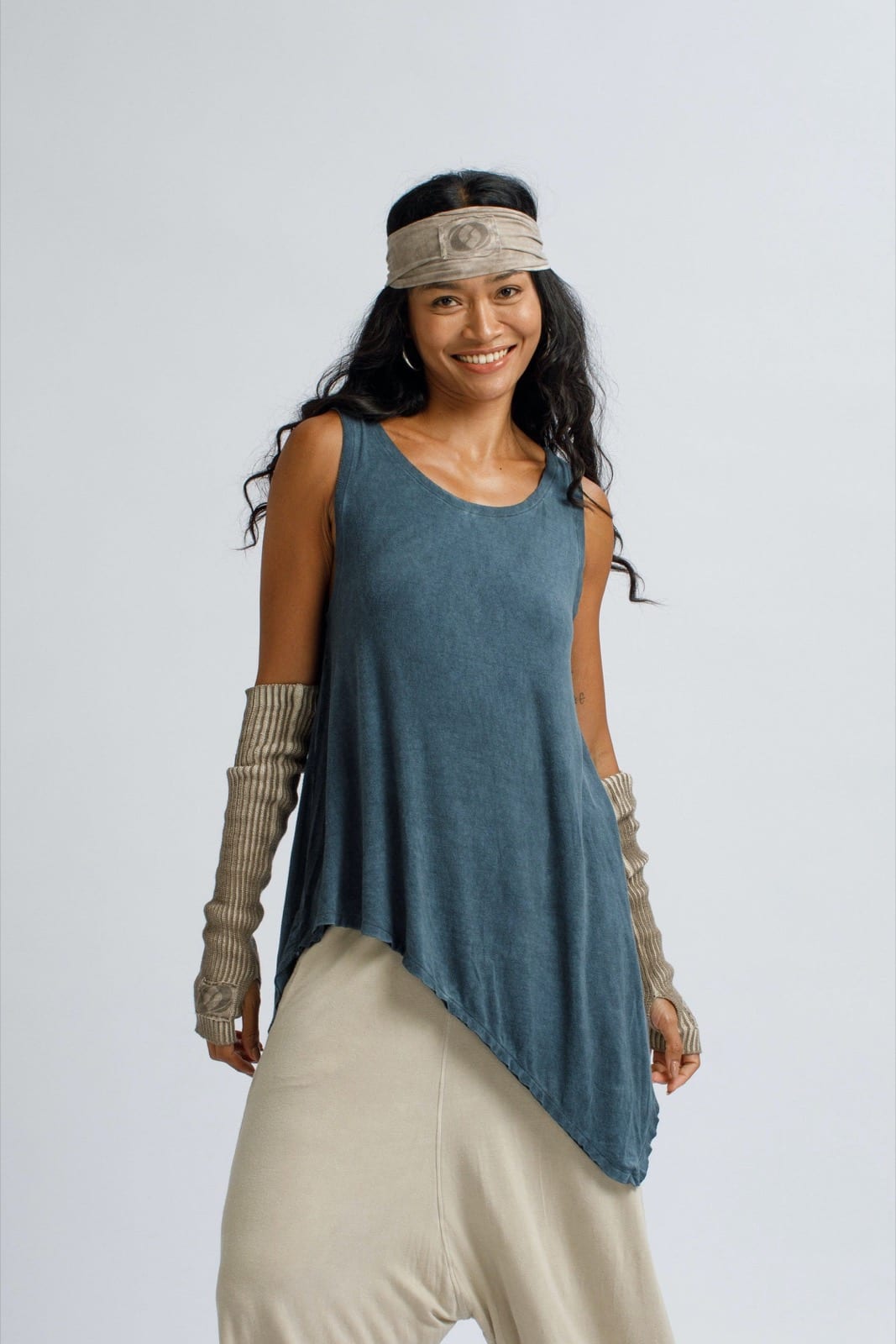 Asymmetric Draped Tank in Blue Denim by Salsation Wear