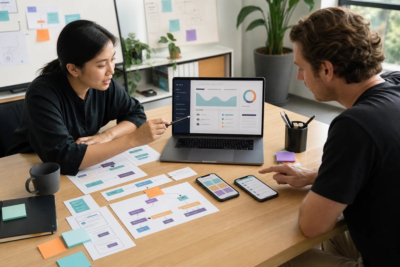 Product strategist and founder comparing web and mobile application flows in a creative studio
