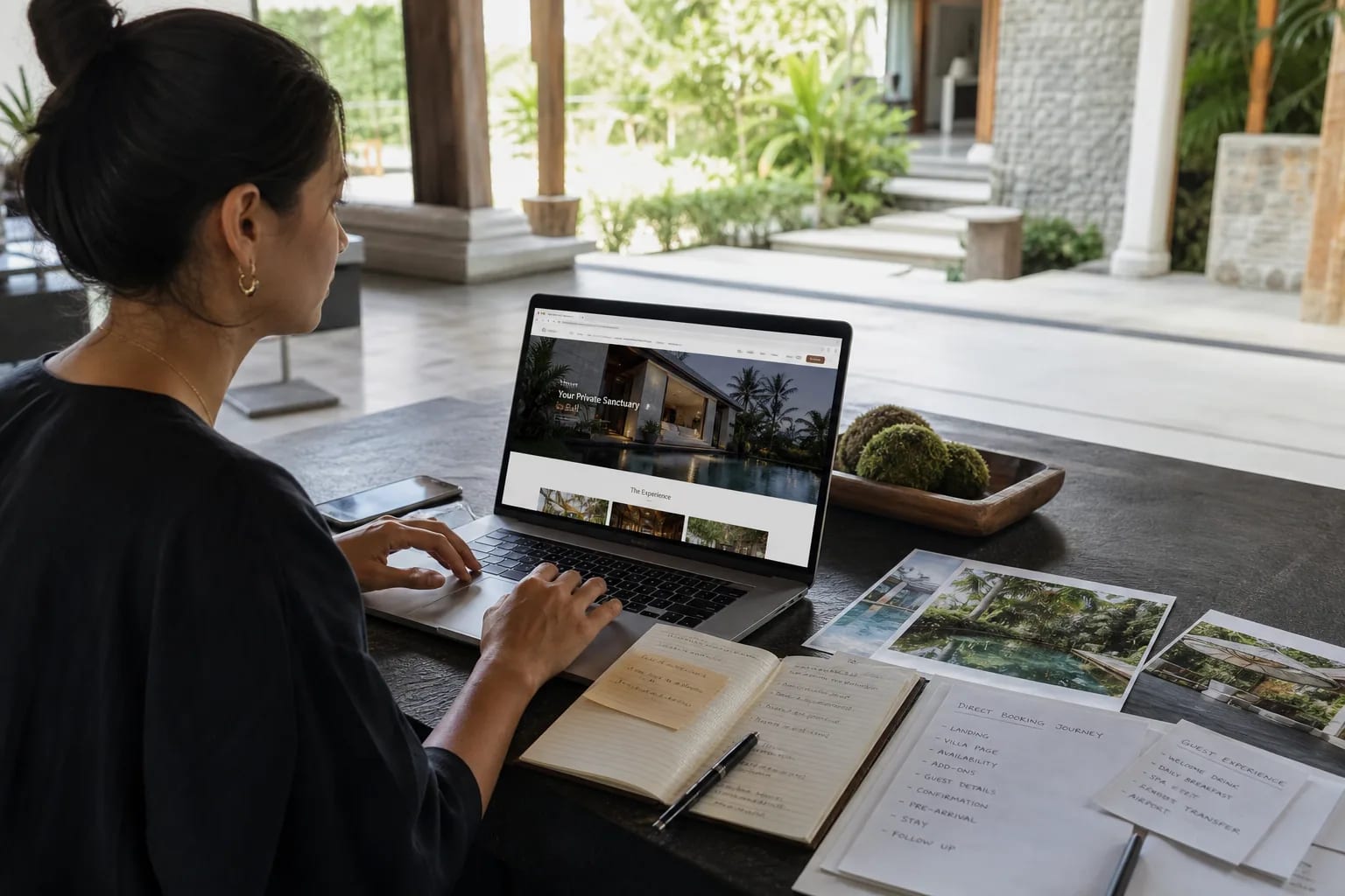 Bali hospitality operator reviewing a direct inquiry website and guest journey notes