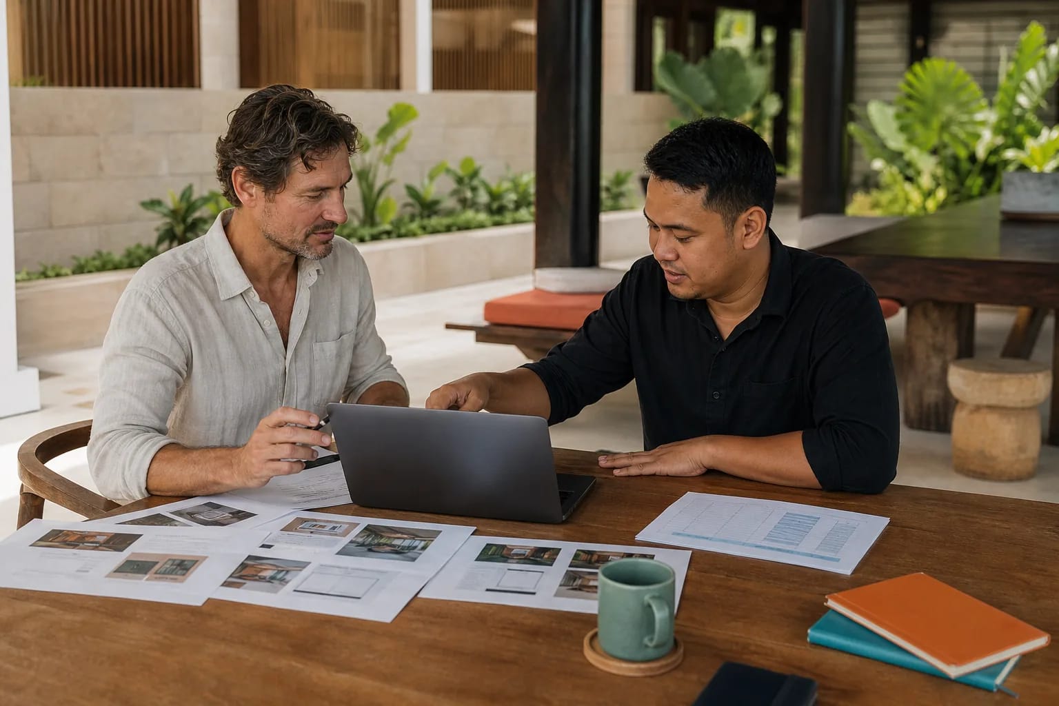 Bali business owner and Indonesian technology consultant reviewing website scope and budget documents