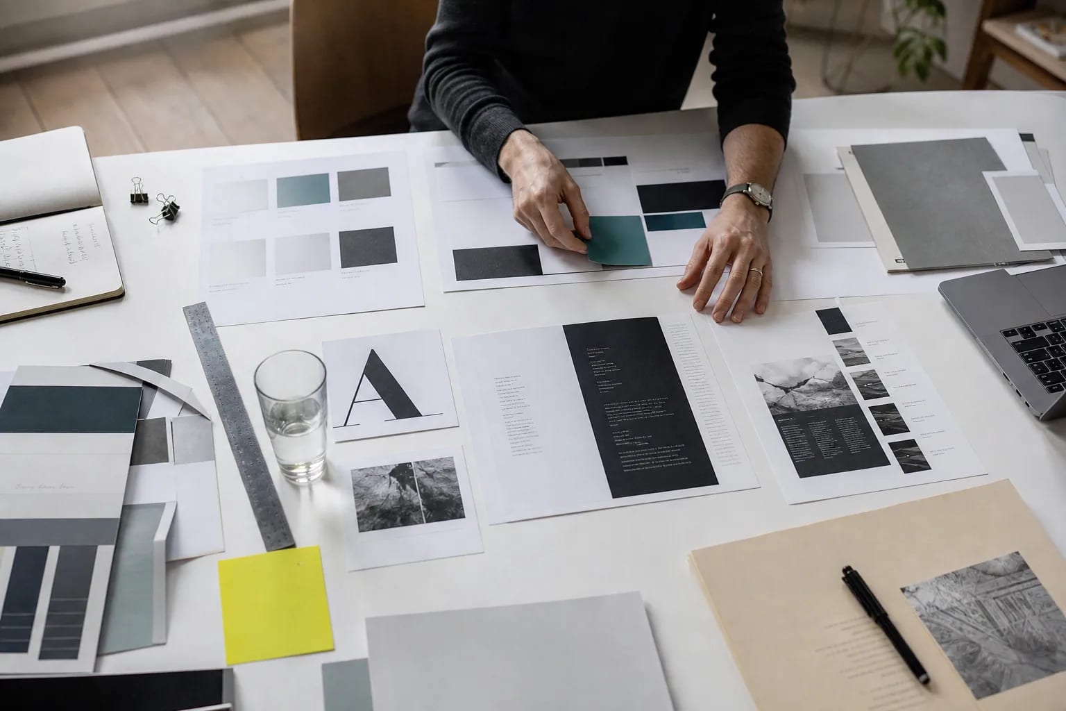 Designer organizing typography, color, and layout materials into a coherent brand system