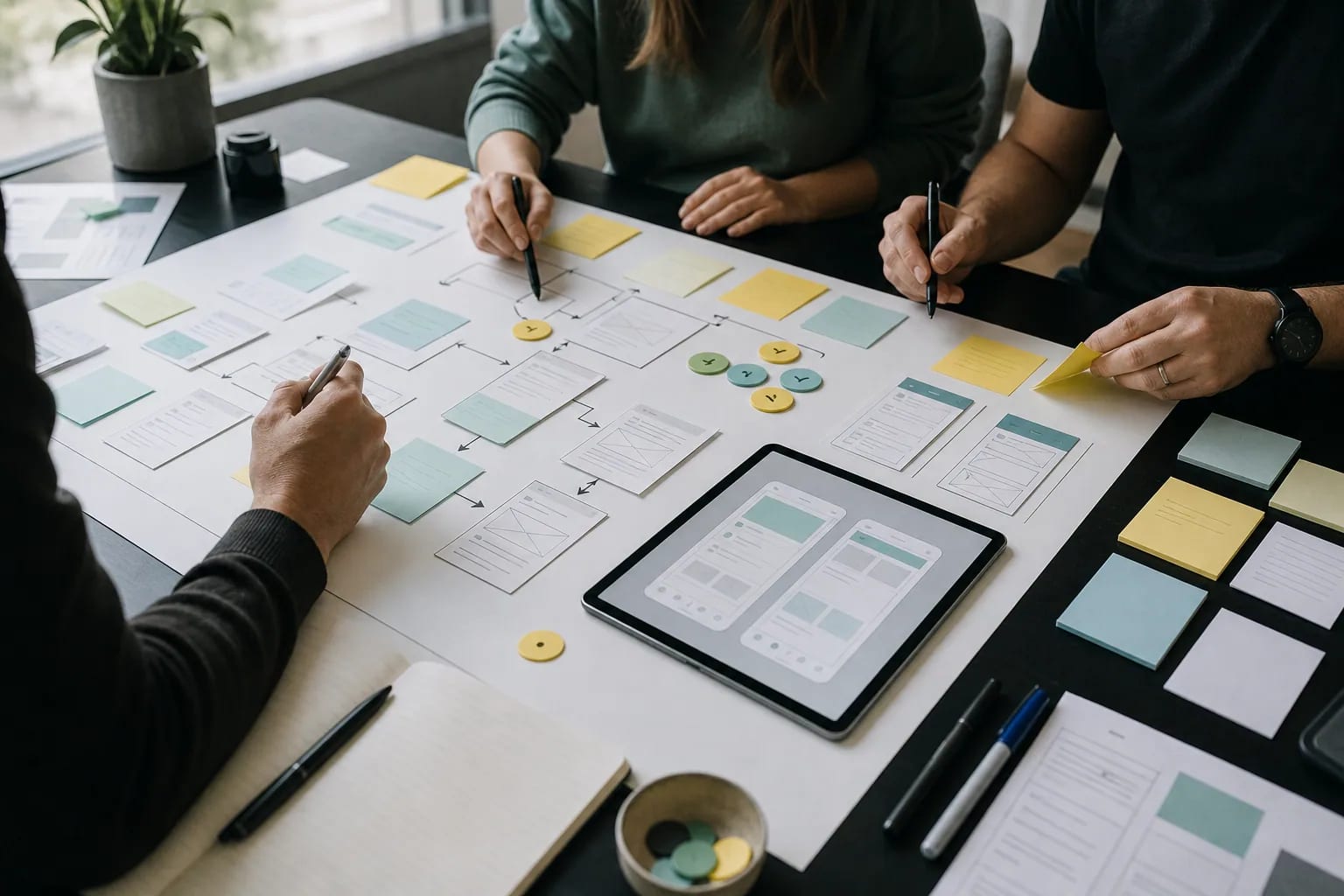 Product team mapping an MVP with user flows, interface cards, and a tablet prototype
