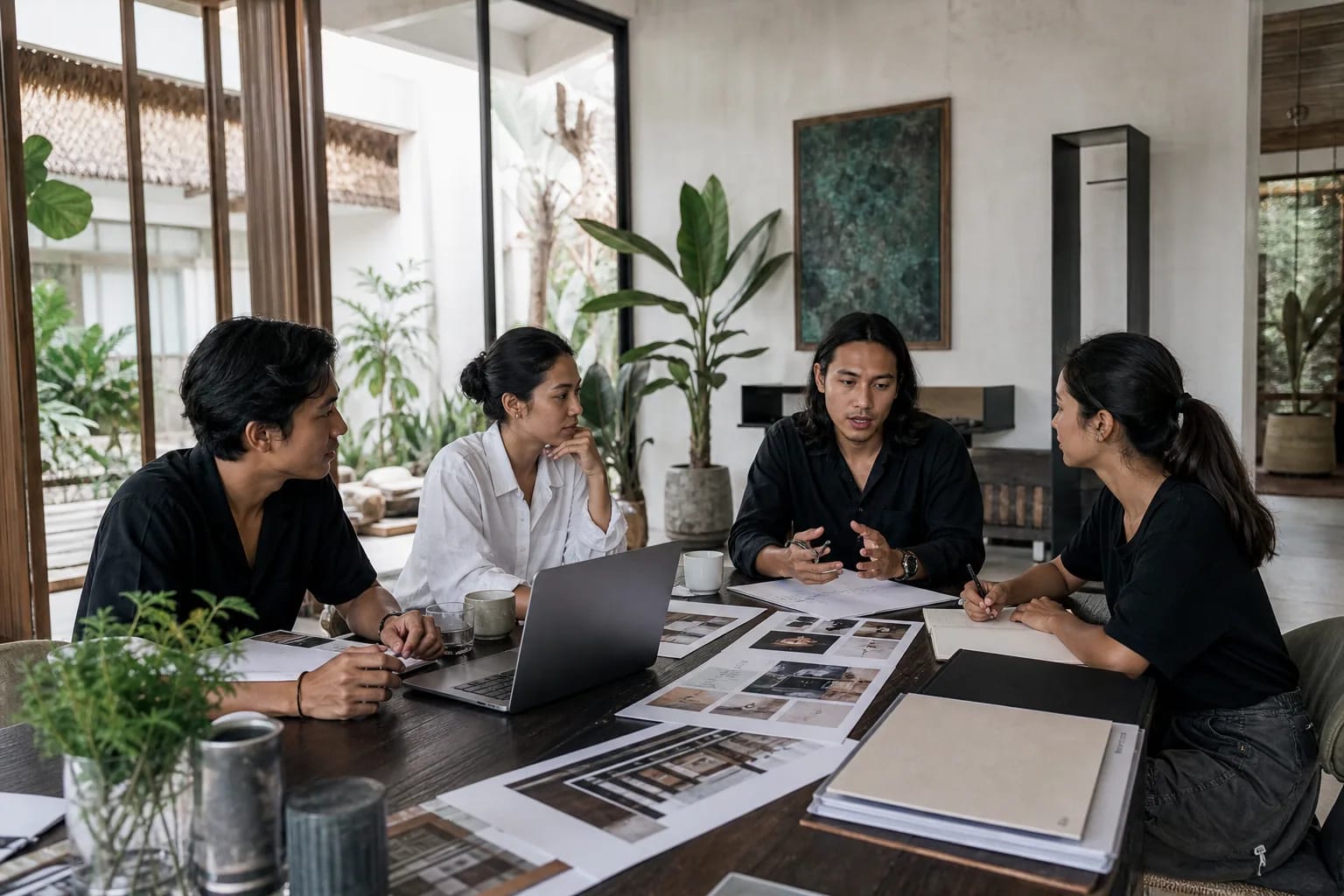 Founder and creative team discussing a project brief in a contemporary Bali studio