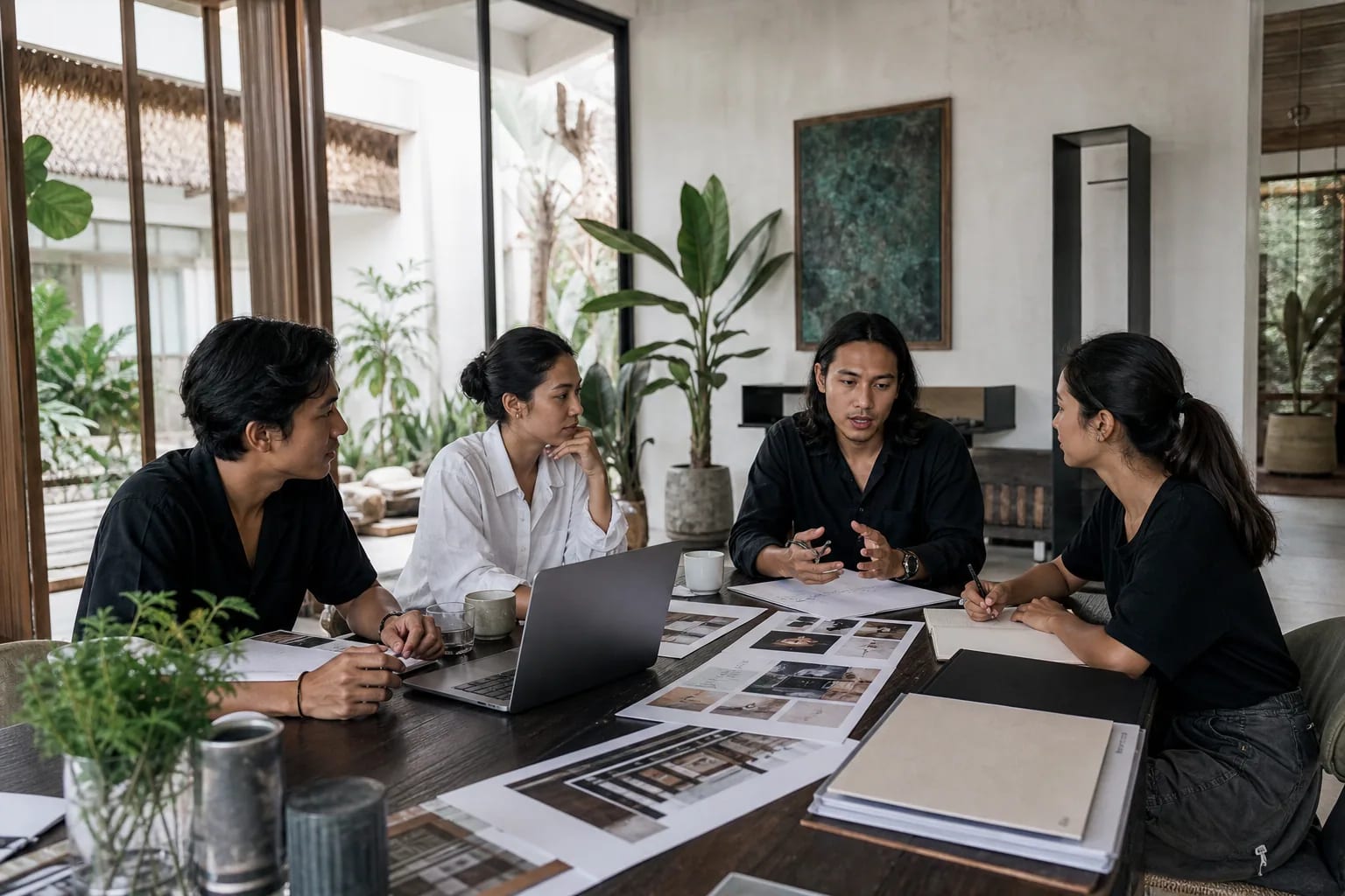 Founder and creative team discussing a project brief in a contemporary Bali studio