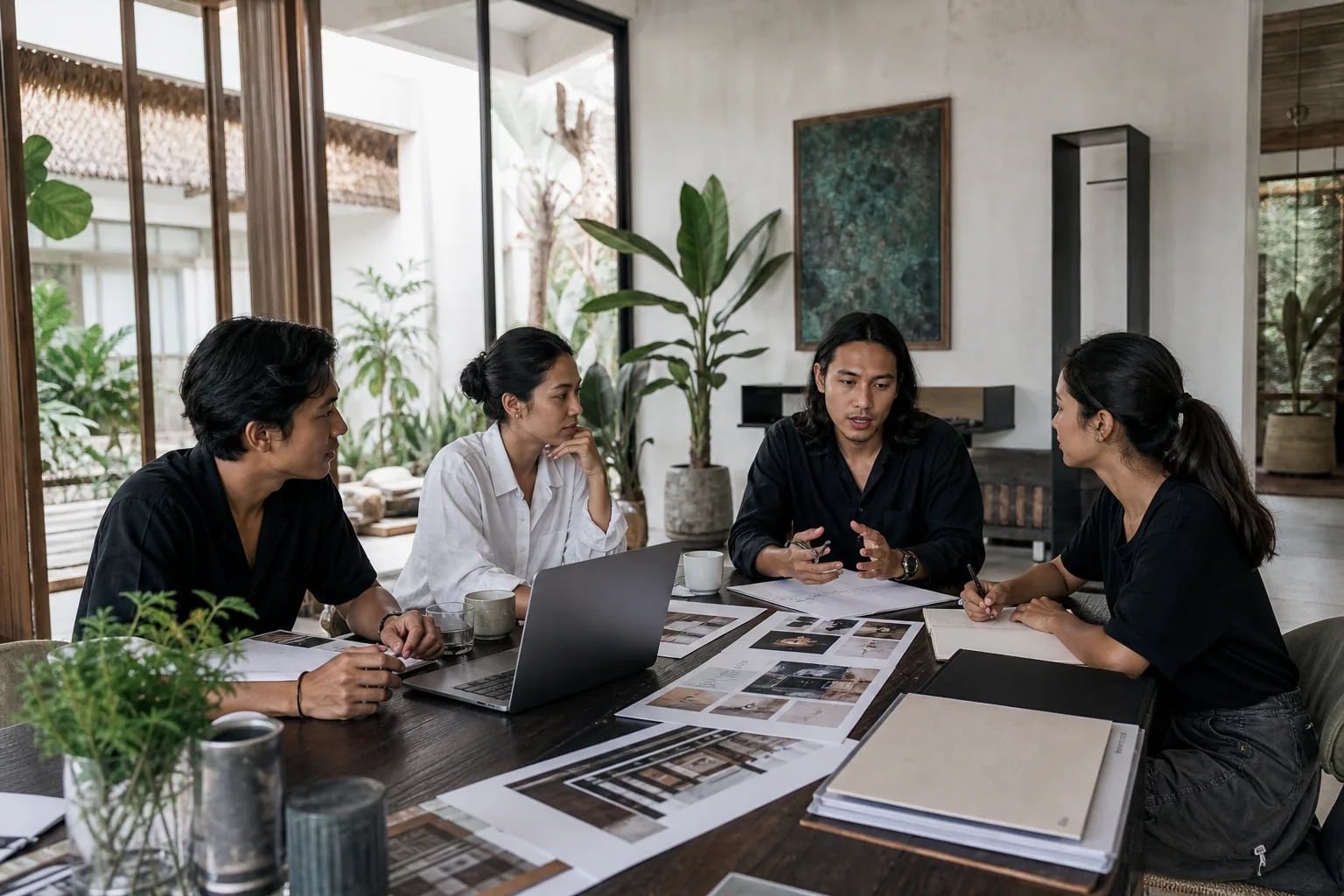 Founder and creative team discussing a project brief in a contemporary Bali studio