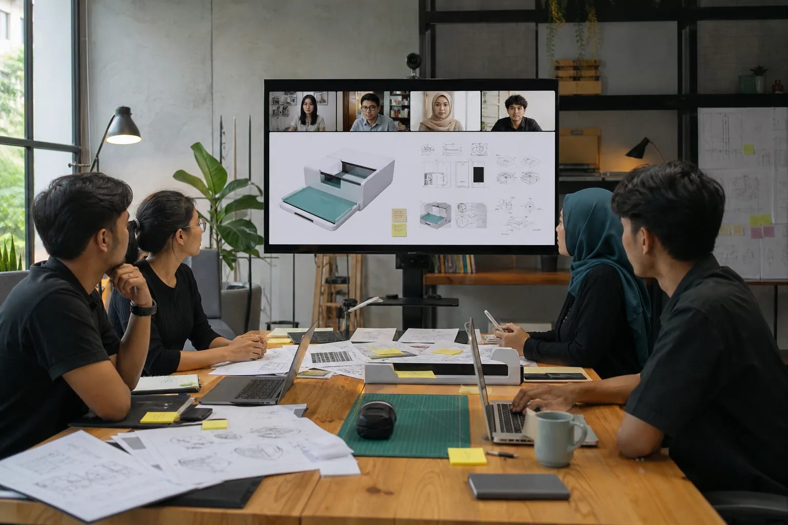 Indonesian creative technology team reviewing a product prototype with remote collaborators