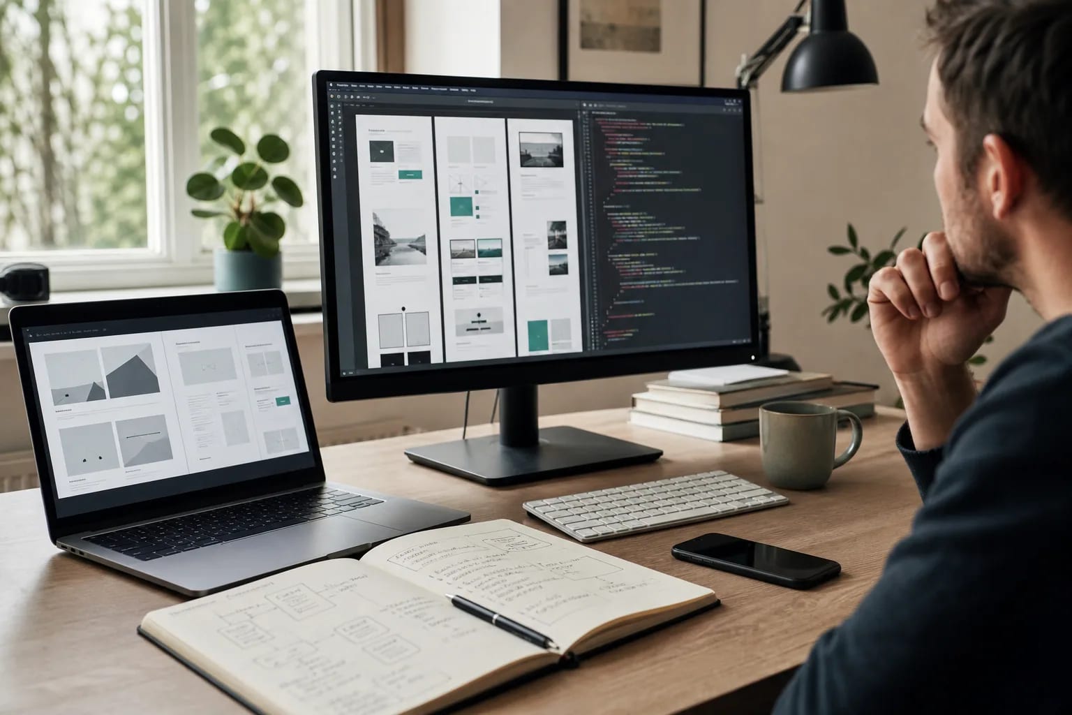 Designer and developer reviewing website architecture across desktop and laptop screens