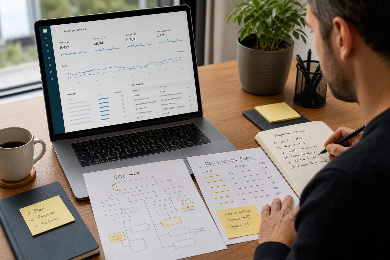SEO strategist reviewing search performance, sitemap, and redirect planning for a website migration